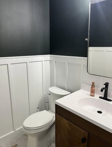 Half Bath Toilet Next To Sink, Half Bathroom Design Modern, Square Half Bathroom, Small Powder Room Ideas Modern Board And Batten, Dark Vanity Small Bathroom, Half Bathroom Ideas Dark Floor, Half Bath With Wainscotting, Half Bathroom Update, Small Bath Makeover