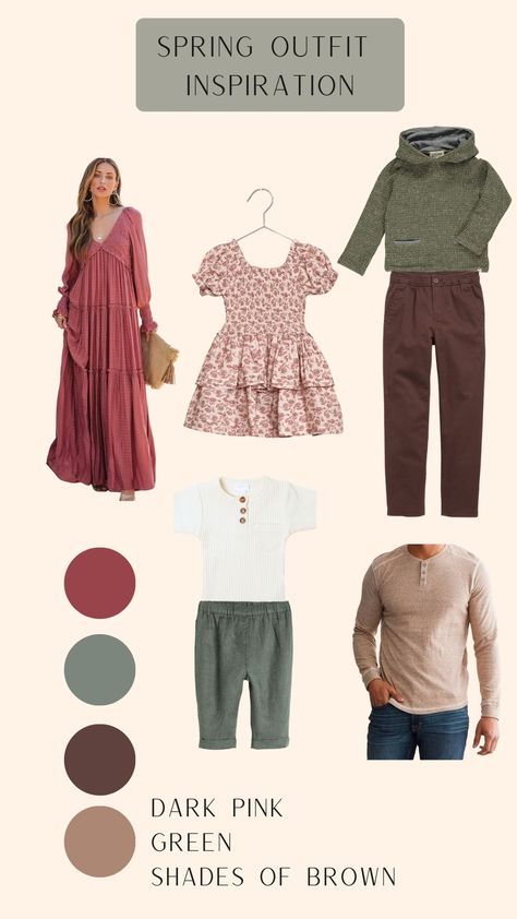 Dark pink, green and brown family outfit ideas. Dusty Rose Color Palette Family Photos, Family Photos With Pink, Dark Rose Color Palette, Green Family Outfits, Spring Photo Session, Picture Color Schemes, Boho Family Photos, Fall Family Outfits, Spring Family Pictures