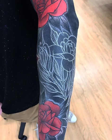 MR Tumaru on Instagram: “...thanks Cody, fresh white over healed black...” Black Tattoo With White Ink, White Ink On Black Tattoo, Tattoo With White Ink, White Over Black Tattoo, Skull Rose Tattoos, Black Tattoo Cover Up, Full Tattoo, Black White Tattoos, Dragon Sleeve Tattoos