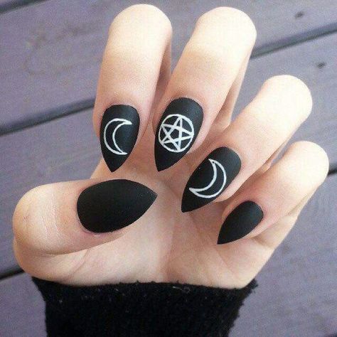 Pointed black nails. #Moons #Wicca #pagan Witchy Nails Simple Moon, Witchy Dip Nails, Boho Goth Nails, Nails For Witches, Witch Nail Art Goth, Simple Witchy Nail Designs, Goth Nail Art Short, Simple Witch Nails, Hecate Nails