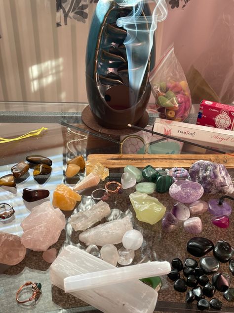 Psychic Shop Aesthetic, Psychic Shop, Magic Rocks, Degenerate Art, Rock Candle, Hippie Aesthetic, Crystal Aesthetic, Cosy Room, Shop Aesthetic