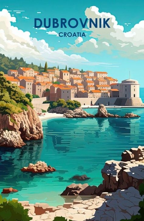 Dubrovnik Illustration, Europe Postcard, Croatia Poster, Wanderlust Decor, City Postcard, Travel Poster Design, Retro Travel Poster, Landscape Art Painting, Dubrovnik Croatia