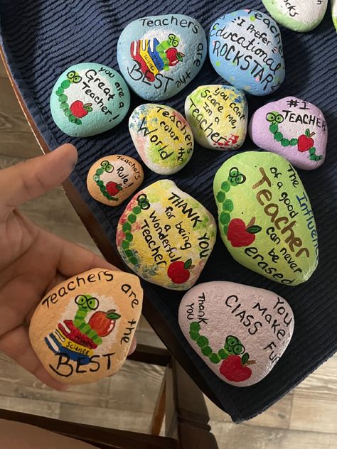 Kindness rocks for teachers appreciation Rock Painting For Teachers, Teacher Appreciation Art Projects, Teacher Painted Rocks, Painted Rocks For Teachers, Appreciation Crafts, Teacher Appreciation Art, Teacher Rocks, Fire Songs, Teacher Appreciation Crafts