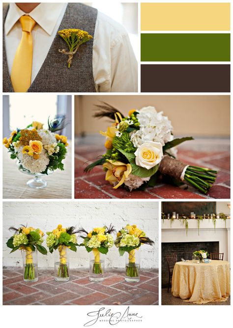 Fall Wedding Colors - golden  tie and brown vest for groom.  Hydrangea, roses, calla lilies in the bouquets.   #yellow #gold #green #brown  #julieannephoto Yellow Green And Brown Wedding, Green Brown Wedding, Sunflower Weddings, Green Fall Weddings, Yellow Wedding Colors, Fall Wedding Bridesmaids, Fall Wedding Color Schemes, Wedding Reception Lighting, Best Wedding Colors