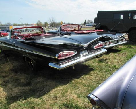 '59 and '60 Impala convertibles both black with red interiors. 60 Impala, Oc Board, Red Interiors, Chevy, Convertible, Classic Cars, Cars, Red, Black