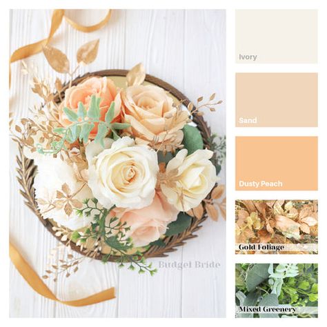 Peach And Gold Wedding Theme, Peach Wedding Colors Palette, Peach And Champagne Wedding, Wedding Colour Schemes Summer, Champagne Color Palette Wedding, Peach And Gold Wedding, Dusty Wedding, 2 Bridesmaids, Champagne Quince