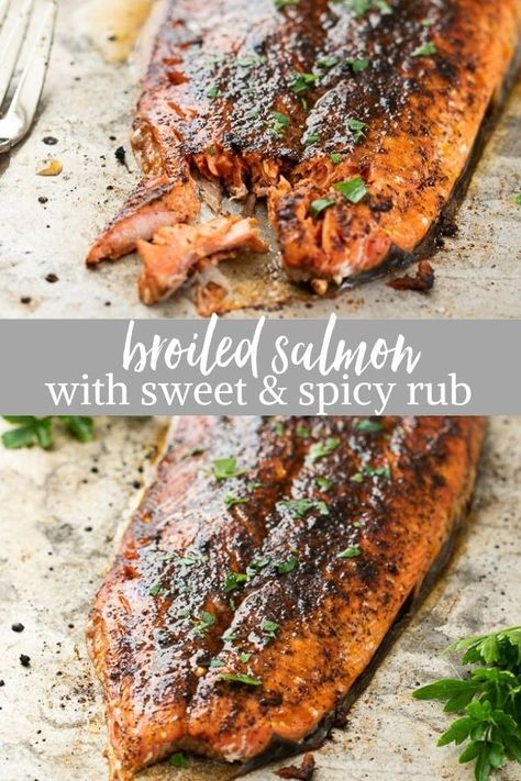 Broiled Salmon with Sweet and Spicy Rub is an easy broiled salmon recipe topped with a simple salmon rub.  It's a healthy dinner that comes together in minutes! #salmon #healthydinner #salmonrub #glutenfree Sweet Salmon Recipes, Sweet Salmon, Broiled Salmon Recipes, Salmon Rub, Salmon Recipes Baked, Salmon Recipes Pan Seared, Salmon Recipes Baked Healthy, Broiled Salmon, Healthy Salmon Recipes