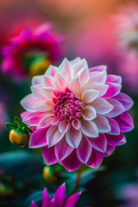 The Tricolor Dahlia is a vibrant floral marvel adorned with petals in shades of pink, white, and purple, creating a stunning show of colors. Perfect for brightening up any garden or floral arrangement.  Light: Full sun Water: Regular watering, keep soil moist Soil: Well-drained, fertile soil Temperature: 60-70°F (15-21°C) Humidity: Moderate Fertilizer: Balanced fertilizer every 2-3 weeks during the growing season This dahlia’s strikingly bold colors make it a standout in any garden. Ideal for borders and flower beds.  #flowers #gardening #dahlia #colorful Delilah Flower, Group Background, Dahlia Pinnata, Buddha Tree, Plants Artwork, Purple Dahlia, Flowers Gardening, Sun Water, Anniversary Flowers