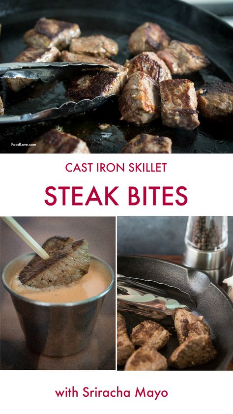 Cook up these cast iron steak bites in 20 minutes start to finish. Delectable nuggets of meaty goodness - even better dunked in Sriracha mayo dipping sauce! #steak #spicy #appetizer #easydinner #quickandeasy #beef #foodlove Iron Skillet Steak, Mayo Dipping Sauce, Cast Iron Skillet Steak, Cast Iron Steak, Skillet Steak, Costco Meals, Camping Dishes, Sriracha Mayo, Steak Bites