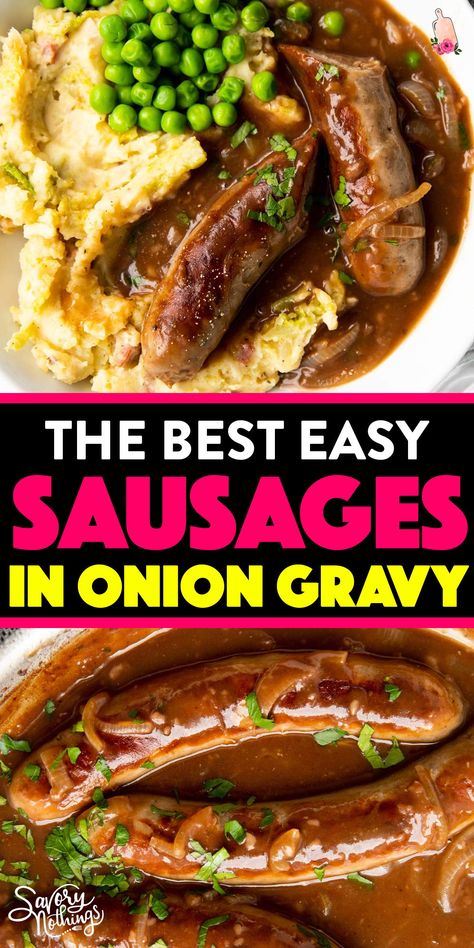 Are you looking for the BEST sausages in homemade onion gravy? Try my sausages in homemade onion gravy served over mashed potatoes and peas! This is such an easy, quick, budget-friendly meal - and perfect when you need to make a meal out of pantry staples! | #easydinner #easyrecipes #comfortfood #pantryrecipes Homemade Onion Gravy, Brown Onion Gravy, Bangers And Mash Recipe, Onion Gravy Recipe, Quick Summer Meals, Potatoes And Peas, Over Mashed Potatoes, Liver And Onions, Mash Recipe