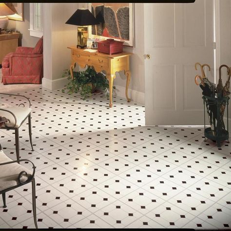 Armstrong Flooring 45-piece 12-in x 12-in Black/White Peel and Stick Vinyl Tile at Lowes.com Black And White Vinyl Flooring, Lantai Vinil, White Vinyl Flooring, Best Vinyl Flooring, Vinyl Flooring Bathroom, Vinyl Sheet Flooring, Bathroom Vinyl, Armstrong Flooring, Peel And Stick Floor