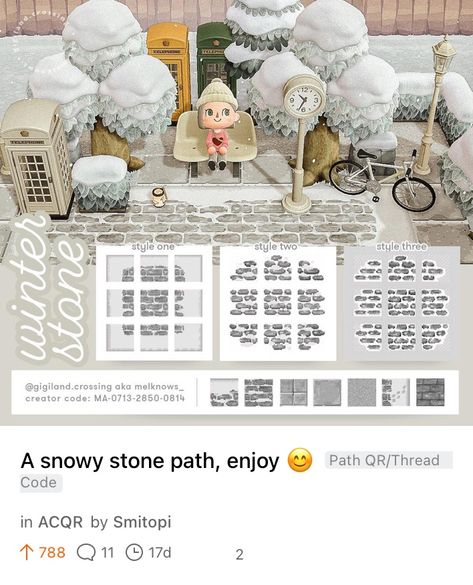 Acnh Paths Designs Snow, Acnh Winter Brick Path, Acnh Snowy Brick Path, Acnh Snow Path Design, Snowy Stone Path Acnh, Winter Brick Path Animal Crossing, Acnh Snow Dirt Path, Acnh Snowy Path, Snowy Path Acnh