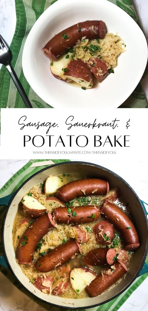 Sausage, Sauerkraut, and Potatoes Sourkraut And Sausage, Keilbasa And Sauerkraut, Saurkraut And Kielbasa, Saurkraut And Sausage, German Sauerkraut Recipe, Sauerkraut And Potatoes, Sausage And Potato Bake, Dutch Oven Beef, Kielbasa And Potatoes