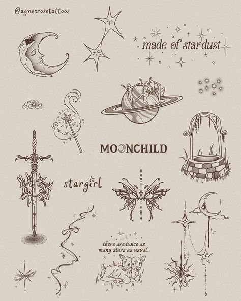 Delicate Feminine Tattoos Vintage, Vintage Star Tattoo, Mystical Tattoos For Women Sleeve, Mystical Tattoos For Women, Whimsigoth Tattoo, Vintage Aesthetic Tattoos, Delicate Feminine Tattoos, Sparkle Tattoo, Whimsical Tattoos