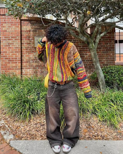 How about his color? 🦔 Outfit info 👇🏻 • • • 📸 @dannynguyenn_ 🇺🇸 👔Top : coogi 👖Bottom : jaded london 👞Shoes : adidas • • • • • • colorful oversized patern knit, baggy black jeans, yellow bag, white sneakers, men’s outfit, united states Yellow Shoes Outfit, Outfit Info, White Sneakers Men, London Shoes, Shoes Outfit, Jaded London, Yellow Shoes, Shoes Adidas, Colourful Outfits