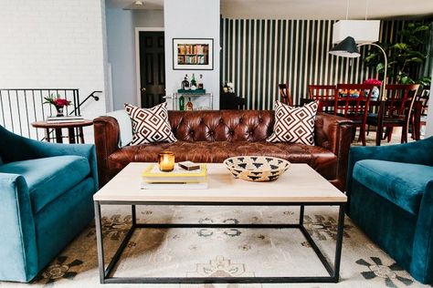 Before and After: A Bachelor's Living Room Gets a Stylish Upgrade via @mydomaine Masculine Decor Living Room, Bachelor Living Room, Brown Leather Sofa Living Room, Dark Brown Couch Living Room, Brown Leather Couch Living Room, Brown And Blue Living Room, Masculine Living Rooms, Brown Sofa Living Room, Leather Couches Living Room