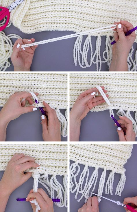 how to add tassels to a scarf Tassels On Scarf How To, Add Tassels To Blanket, Scarf Tassels Fringes, Tassels On Crochet Blanket, Crochet Tassle Border, Add Tassels To Scarf, How To Make Tassels With Yarn For Scarf, Blanket Tassels Diy, Adding Tassels To Scarf