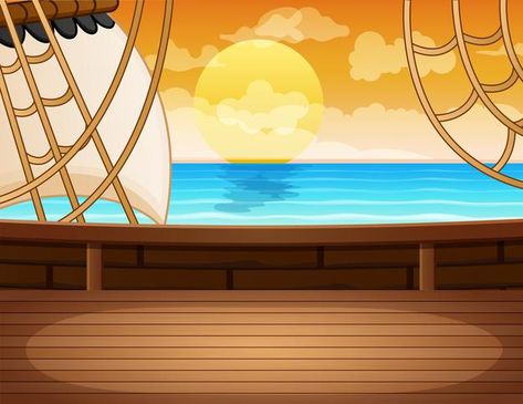 Seascape view from the pirate ship woode... | Premium Vector #Freepik #vector #vintage #cartoon #sea #ship Pirate Ship Deck Background, Pirate Background, Pirate Ship Background, Pirates Cartoon, Ship Background, Ship Pirate, Pirate Cartoon, Ship Deck, Sea Drawing