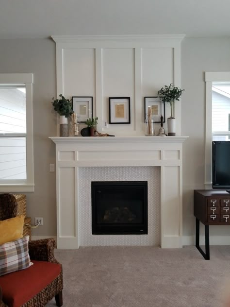 Chair Rail Fireplace Wall, White Electric Fireplace Living Rooms, Updated Mantle Fireplace Redo, Wainscoting Above Fireplace, Gas Fireplace Mantle Ideas, Paneling Above Fireplace, Wainscoting Fireplace Wall, Fireplace Wainscoting, Shaker Fireplace