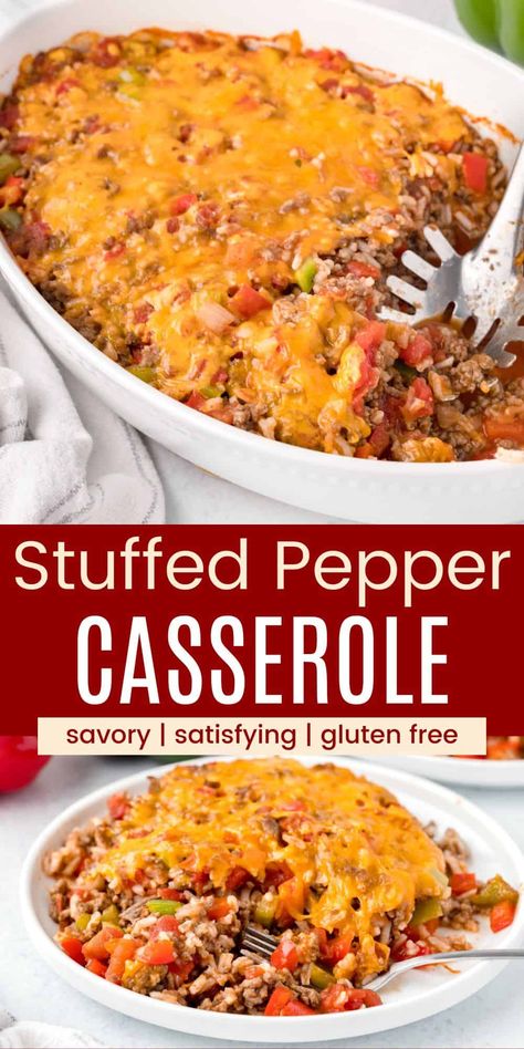 Savory and satisfying, this Stuffed Pepper Casserole features tender bell peppers and ground beef combined with rice in a tangy tomato sauce with plenty of cheddar cheese. Also known as unstuffed peppers, this naturally gluten-free dish is an easy way to reinvent a family favorite. Stuffed Peppers Ground Beef, Unstuffed Pepper Casserole, Unstuffed Peppers, Healhty Meals, Ground Beef And Rice, Pepper Casserole, Stuffed Pepper Casserole, Ground Beef Casserole Recipes, Pepper Recipes