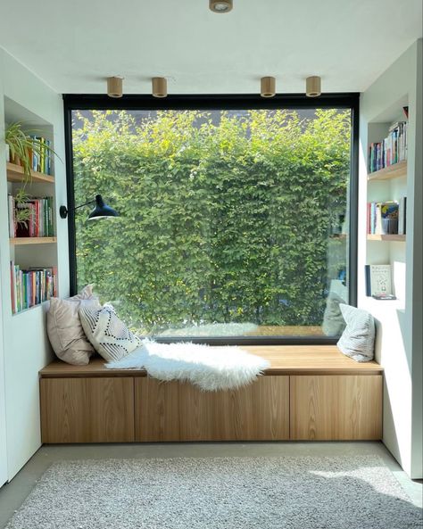 Window Nook Ideas Living Room, Window Seat Bookshelves, Ramen Station, Bay Window Nook, Healing Architecture, John Ambrose, Bookshelf Bench, Window Chair, Bedroom Window Seat