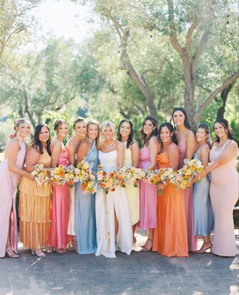 Garden Inspired Wedding Dress, Colorful Garden Wedding Bridesmaid, Colorful Wedding Isles, Wildflower Centerpiece Wedding Simple, Colorful Wedding Palettes, Multi Color Spring Wedding, June Wedding Bridesmaid Dress Colors, Colorful Spring Bridesmaid Dresses, Wedding Colors Fuschia