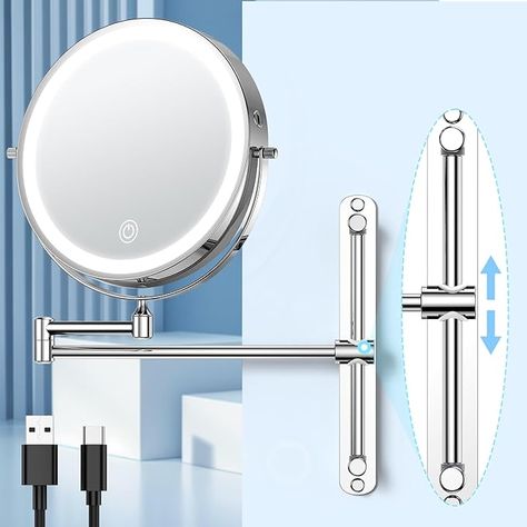 Amazon.com - Gospire 8.5" Rechargeable Wall Mounted Lighted Makeup Mirror with Magnification 10X, Adjustable Brightness & Height, 3 Light Colors, 360° Rotation, Magnifying Mirror with Light for Women - Chrome Lighted Makeup Mirror, Magnifying Mirror, Makeup Mirror With Lights, Makeup Mirrors, How To Apply Mascara, Wall Mounted Mirror, Stainless Steel Frame, Makeup Mirror, Modern Frames