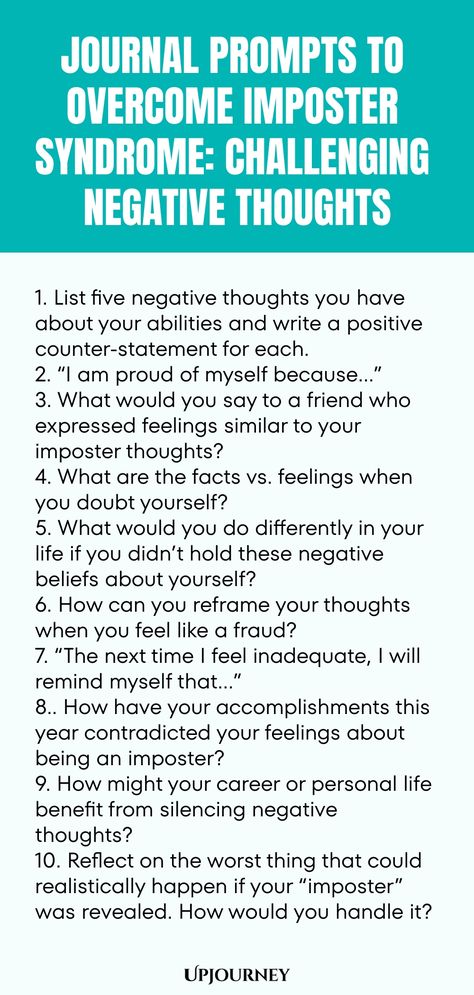 Discover powerful journal prompts to help you overcome imposter syndrome by challenging negative thoughts. These prompts will guide you towards building self-confidence and recognizing your true worth. Say goodbye to self-doubt and embrace your genuine capabilities with these insightful exercises. Take a step towards self-discovery and personal growth today! Journal Prompts For Negative Thoughts, Self Doubting, Challenging Negative Thoughts, Work Etiquette, Psychology Terms, Relationship Quizzes, Family History Book, Life Motivation Inspiration, Happiness Journal