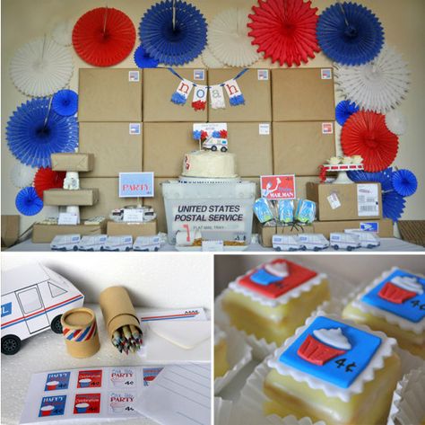 For the tot who can't wait for the mailman to arrive each day, this first-class post office party is a way to ensure he's signed, sealed, and delivered to his next big day.  Source: Allison Kaharick for Crossing the Bugger-Dixon Line Post Office Party, Office Retirement Party, Office Themed Party, Office Birthday Party, Office Party Decorations, Office Themes, Kids Themed Birthday Parties, Mom Party, Office Birthday