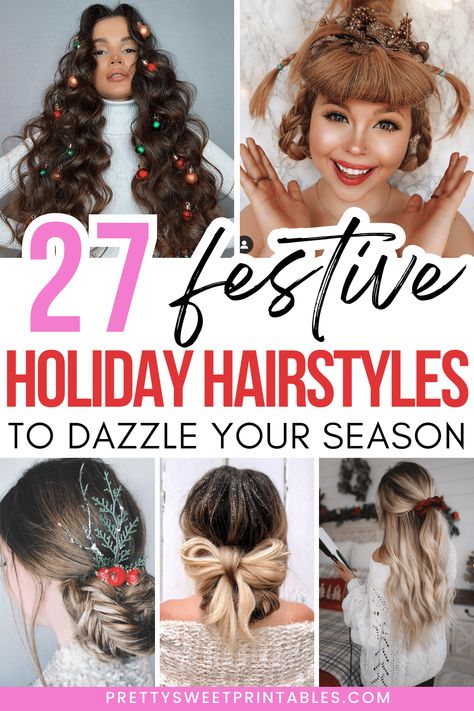 christmas holiday hairstyles Half Up Christmas Hairstyles, Christmas Concert Hairstyles, Holiday Bow Hairstyle, Christmas Hair For Women, Christmas Inspired Hairstyles, Cute Christmas Hairstyles For Kids Easy, Fun Holiday Hairstyles, Long Hair Christmas Hairstyles, Medium Easy Hairstyles For Women