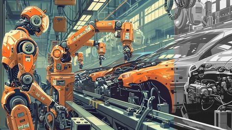 Full Color Image in ai-img-gen.com 🔸 The image depicts an automated car factory, showcasing robotic arms working in unison to assemble a ... 🔸 From Midjourney AI Image Orange Cars, Robot Factory, Robotic Arms, Car Manufacturing, Car Factory, Arm Work, Orange Car, Humanoid Robot, Assembly Line