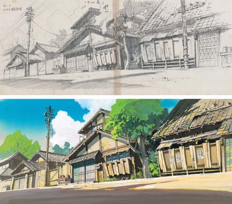 Kazuo Oga (?? ??) Studio Ghibli (???????) #animationstudio #animation #studio #architecture Studio Ghibli Tutorial, Studio Ghibli Environment, Ghibli Tutorial, Ghibli Environment, Ghibli Background Art, Oga Kazuo, Kazuo Oga, Ghibli Background, Studio Ghibli Background