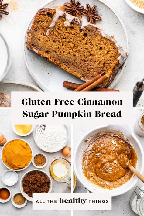 Gluten free pumpkin bread dusted with delicious cinnamon sugar. This pumpkin bread uses a whole can of pumpkin and is deliciously moist. Not only is it gluten-free, this recipe is made in one-bowl and incredibly easy to make. It will quickly become a favorite! Pumpkin Bread Recipe Easy, Bread Uses, Gluten Free Pumpkin Desserts, Gluten Free Pumpkin Bread Recipe, Cinnamon Sugar Bread, Pumpkin Cranberry Bread, Gluten Free Cinnamon, Gluten Free Pumpkin Bread, Celiac Recipes