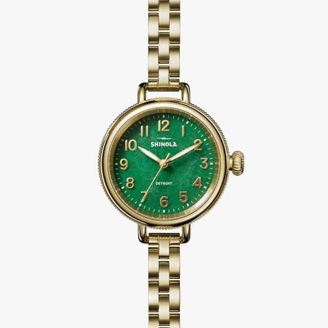 Shinola Birdy 3H Gold Bracelet And Aventurine Shinola Watches Women, Shinola Watch, Down Band, Leather Watch Box, Green Watch, Wedding Day Gifts, Aventurine Stone, Green Cases, Watches Women