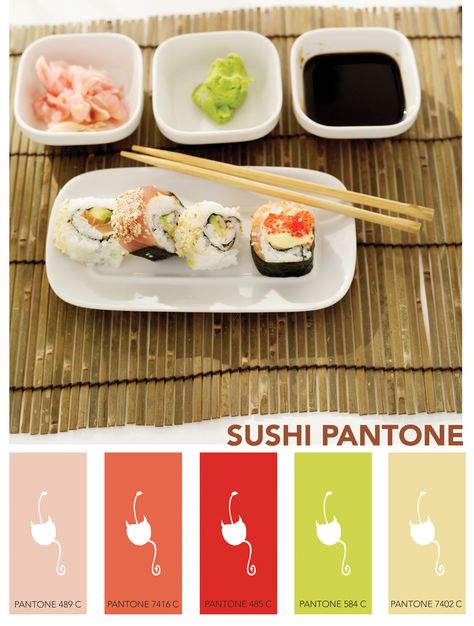 Sushi inspired Pantone palette I created    I must find a reason to use this!!!!   #sushi #design #Pantone #palette Sushi Ideas, Sushi Design, Pantone Palette, Colour Theory, Colour Palettes, Sashimi, Food Coloring, Color Theory, Colour Palette