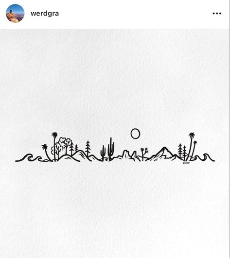 Mountain Ocean Line Tattoo, Even So Tattoo, Tiny Landscape Tattoo, Minimalist California Tattoo, California Landscape Tattoo, Happy Place Tattoo Ideas, Arizona Skyline Tattoo, Mountains Desert Ocean Tattoo, Mountain Cactus Ocean Tattoo