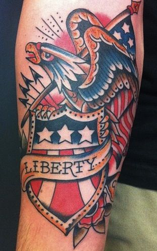 have been contemplating an American themed piece for a while. I like the combo of the bald eagle, flag, and shield. Awesome coloring job on this. Shield Tattoo, Americana Tattoo, Sailor Tattoos, Patriotic Tattoos, Usa Tattoo, Military Tattoos, Traditional Tattoo Sleeve, Eagle Flag, Flag Tattoo