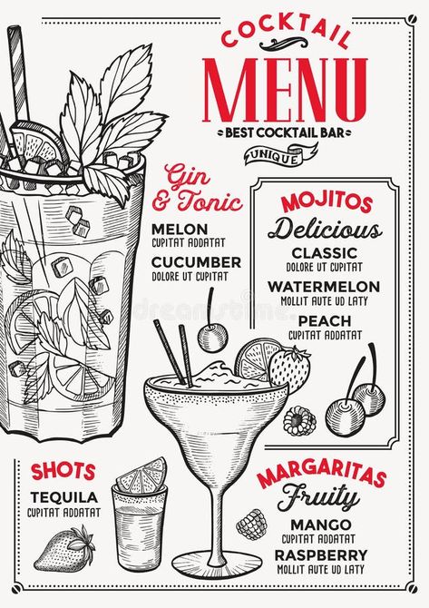 Illustration about Cocktail bar menu. Vector drinks flyer for restaurant and cafe. Design template with vintage hand-drawn illustrations. Illustration of hipster, doodle, mojito - 114010649 Drink Flyer Design, Cocktail Illustration Graphic Design, Bar Flyer Design, Mocktails Menu, Cocktail Doodle, Cocktail Menu Design, Menu Illustration, Tequila Margarita, Cocktail Illustration