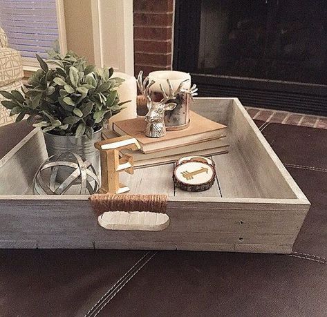 Square Tray Decor Ideas, Ottoman Tray Decor Ideas, Wooden Ottoman Tray, Table Candles, Reclaimed Wood Tray, Tray Ottoman, Decor Tray, Table Decorating, Ottoman Decor