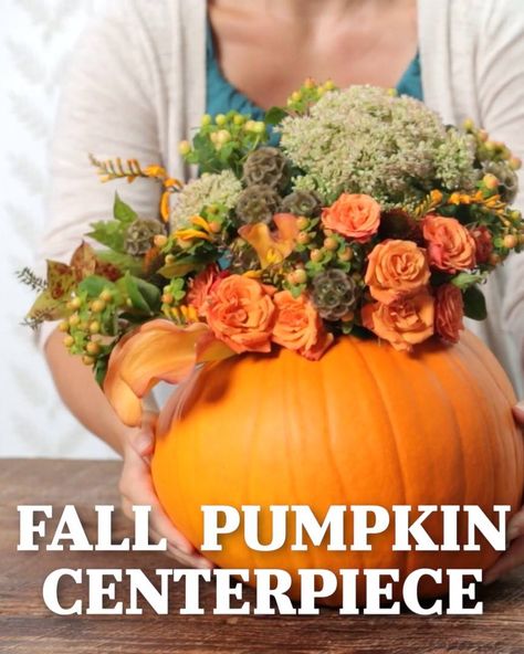 How To Make a Fall Pumpkin Centerpiece | And just like that we turned a plain-old pumpkin into a gorgeous fall centerpiece! ✨ | By Southern Living Halloween Flower Arrangements, Pumpkin Bouquet, Pumpkin Floral Arrangements, Fall Pumpkin Centerpieces, Thanksgiving Floral, Thanksgiving Flowers, Pumpkin Vase, Pumpkin Centerpiece, Pumpkin Arrangements