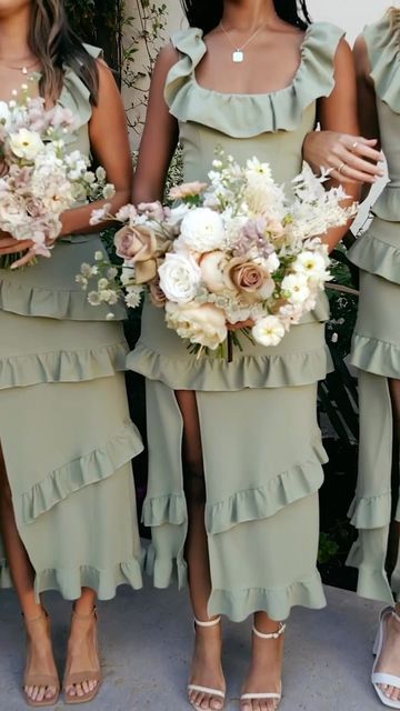 Olive Green Bridesmaid Dress Bright Flowers, Shades Of Green Bridesmaids Dresses, Sage Green Bridesmaid Dresses Beach, Miss Green Bridesmaids, Muted Green Bridesmaid Dresses, Matcha Green Wedding, Garden Party Bridesmaids Dresses, Pastel Green Bridesmaid Dresses, Moss Green Bridesmaids