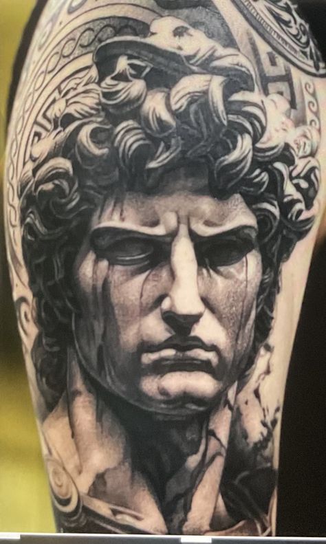 Roman Realism Tattoo, Hercules Statue Tattoo, Greek Shoulder Tattoo, Greek Building Tattoo, Alexander The Great Tattoo, Colosseum Tattoo, Perseus Tattoo, Cesar Tattoo, Veni Vidi Vici Tattoo