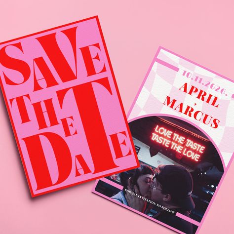 Introducing our retro-inspired "Save the Date" cards, featuring bold typography and eye-catching colors that will make your special day unforgettable! The bright red and pink color palette, accented with groovy accent colors, will transport you back to the funky 70s and set the tone for your celebration.  The front of the card is designed with bold typography that pops against the vibrant background, making your message impossible to miss. The overall effect is both modern and retro, with a uniq Eclectic Save The Date, Save The Date Posters, Bold Wedding Colors, Vibrant Background, Pink Color Palette, Unique Save The Dates, Photo Save The Date, Retro Typography, Color Palette Pink