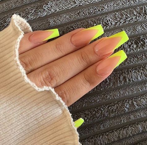 Neon French Tips Coffin, Neon V French Tip Nails, Neon Green French Tip Nails Coffin, Ombre Neon Yellow Nails, Neon Yellow Coffin Acrylic Nails, Neon Yellow Nails French Tip, Neon French Tip Nails Coffin, Yellow Neon Nails Design, Neon Yellow Tips Nails