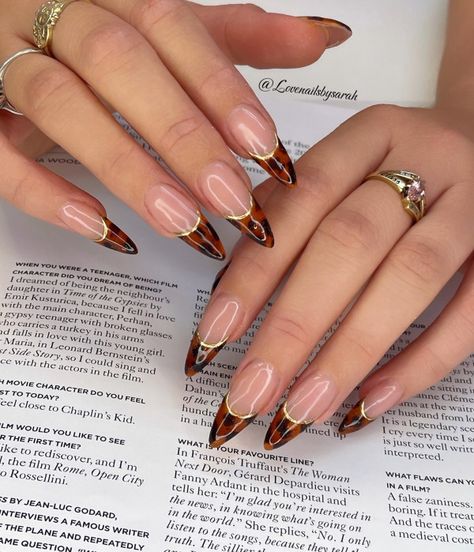 Glam Tortoiseshell French Tips, Trendsetting Autumn Nail Designs, almond nails, fall nail design Almond Nails Fall, Fall Nails Ideas Autumn, Reverse French Nails, Nail Ideas For Fall, Autumn Nail Designs, Classy Vibes, Fall Nail Ideas, Autumn Nail, November Nails