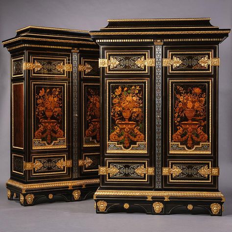 A Very Rare Pair of Gilt-Bronze, Brass and Pewter Mounted Ebony, Stained Tortoiseshell and Fruitwood Marquetry Armoires, After the Celebrated Model by Andr&eac Furniture Pedestal, Fabric Covered Walls, Paris Porcelain, Mantel Clocks, Black Furniture, Great House, Louis Xvi Style, Empire Style, French Furniture