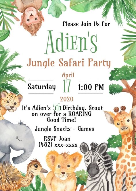 Baby Shower Details, Wild Baby Shower, Green Font, Animal Baby Shower Theme, Jungle Safari Party, Animal Baby Shower Invitations, Safari Birthday Party, Jungle Birthday, Safari Jungle