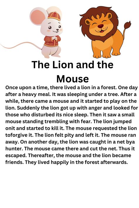 #english Lion And Mouse Story, Small English Story, Lion And Mouse, The Lion And The Mouse, Small Stories For Kids, Stories With Moral Lessons, Kindness For Kids, Text English, Health Notes