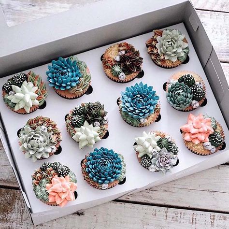 Desert-Inspired Desserts | Cactus and Succulent Flower Buttercream Cupcakes | Colourful Dessert Table | Mexican Fiesta Party Ideas | Kids Party Inspiration | HOORAY! Mag Cupcakes Succulents, Terraria Cake, Succulent Cupcakes, Succulent Cake, Cactus Cake, Cute Bakery, Torte Cupcake, Buttercream Flowers, Köstliche Desserts