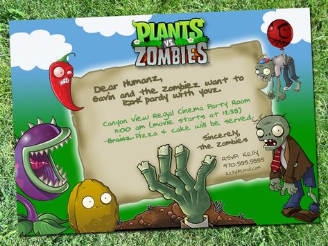 Plants VS Zombies party invitation Digital Download by RootDown Zombies Birthday Party, Monkey Invitations, Plants Vs Zombies Birthday Party, Zombie Birthday Parties, Japanese Birthday, Zombie Birthday, Plant Zombie, Plantas Vs Zombies, Zombie Party